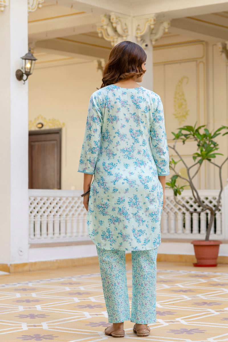 EthniFlair Floral Printed V Neck Straight Kurti & Trousers With Dupatta