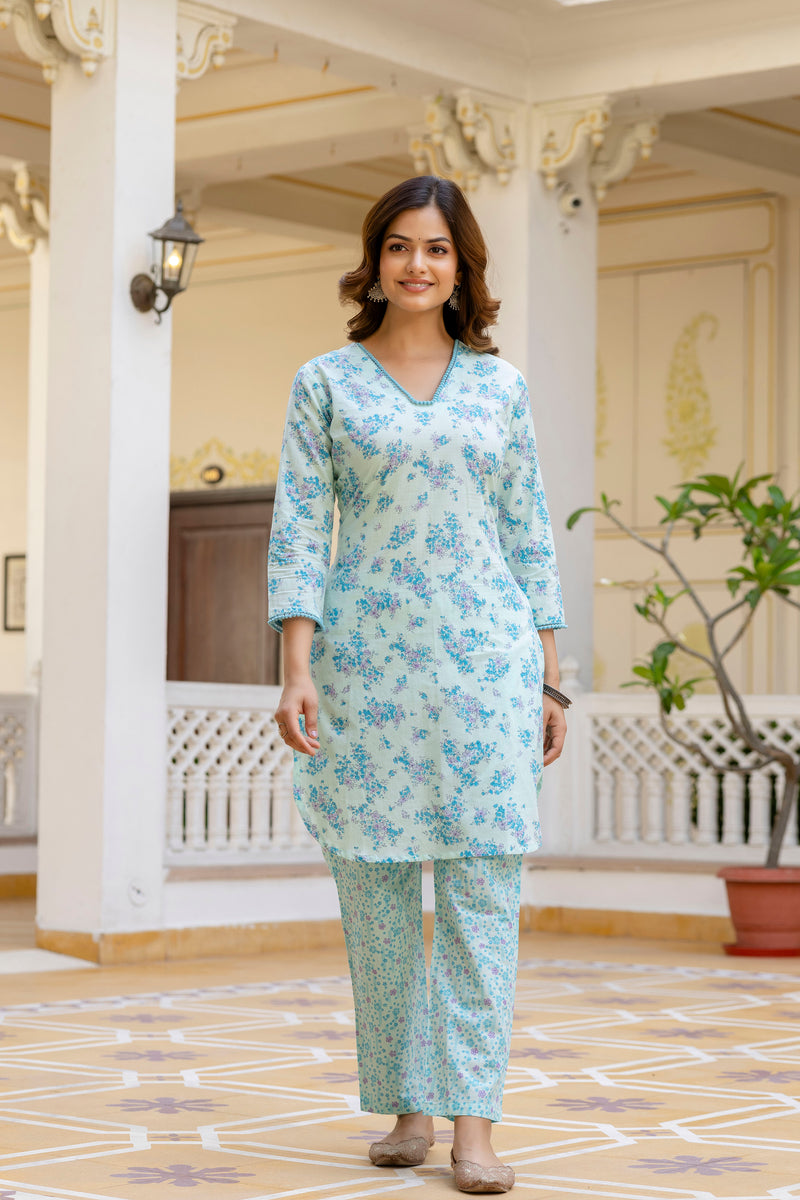 EthniFlair Floral Printed V Neck Straight Kurti & Trousers With Dupatta