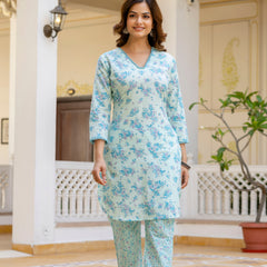 EthniFlair Floral Printed V Neck Straight Kurti & Trousers With Dupatta
