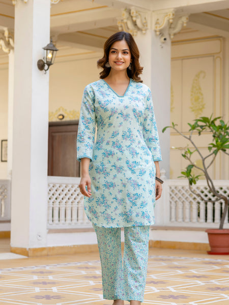 EthniFlair Floral Printed V Neck Straight Kurti & Trousers With Dupatta