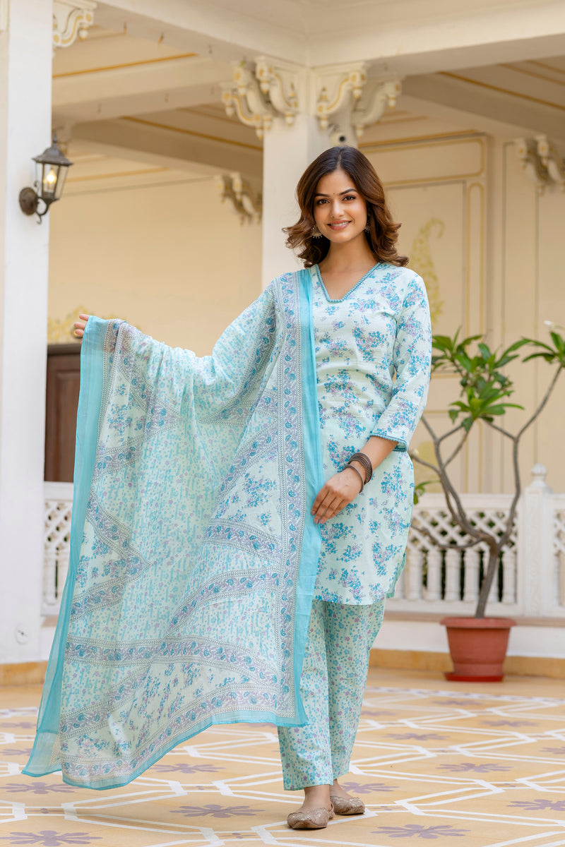 EthniFlair Floral Printed V Neck Straight Kurti & Trousers With Dupatta