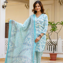 EthniFlair Floral Printed V Neck Straight Kurti & Trousers With Dupatta