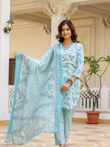 EthniFlair Floral Printed V Neck Straight Kurti & Trousers With Dupatta