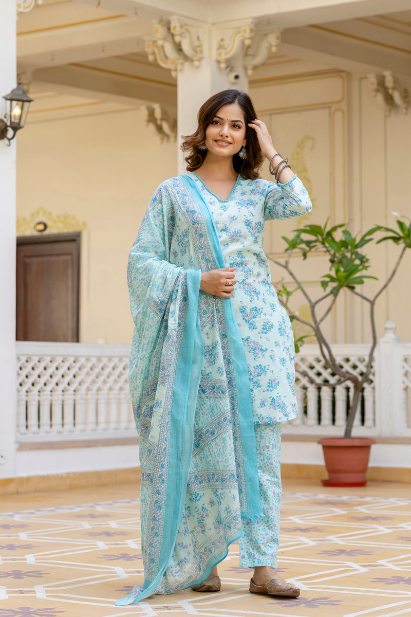 EthniFlair Floral Printed V Neck Straight Kurti & Trousers With Dupatta
