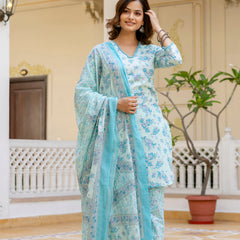 EthniFlair Floral Printed V Neck Straight Kurti & Trousers With Dupatta