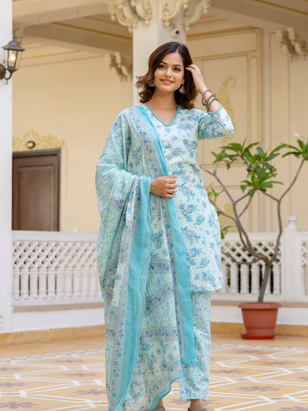 EthniFlair Floral Printed V Neck Straight Kurti & Trousers With Dupatta