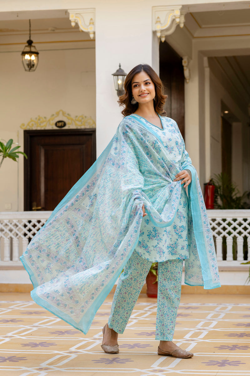 EthniFlair Floral Printed V Neck Straight Kurti & Trousers With Dupatta