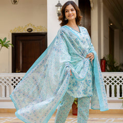 EthniFlair Floral Printed V Neck Straight Kurti & Trousers With Dupatta