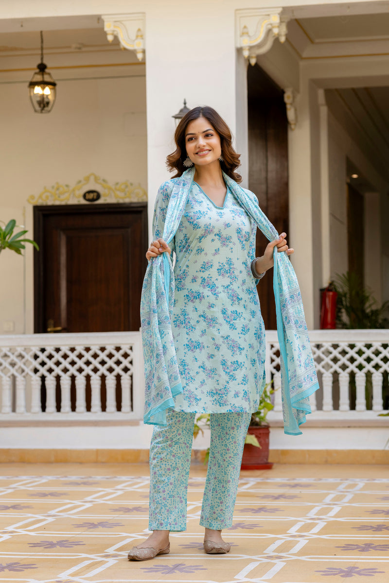 EthniFlair Floral Printed V Neck Straight Kurti & Trousers With Dupatta