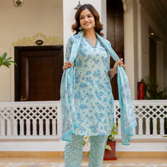 EthniFlair Floral Printed V Neck Straight Kurti & Trousers With Dupatta