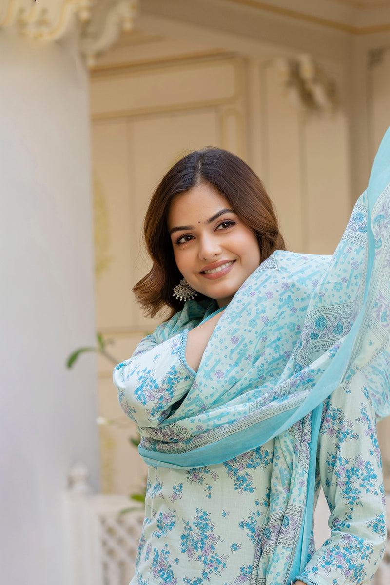EthniFlair Floral Printed V Neck Straight Kurti & Trousers With Dupatta
