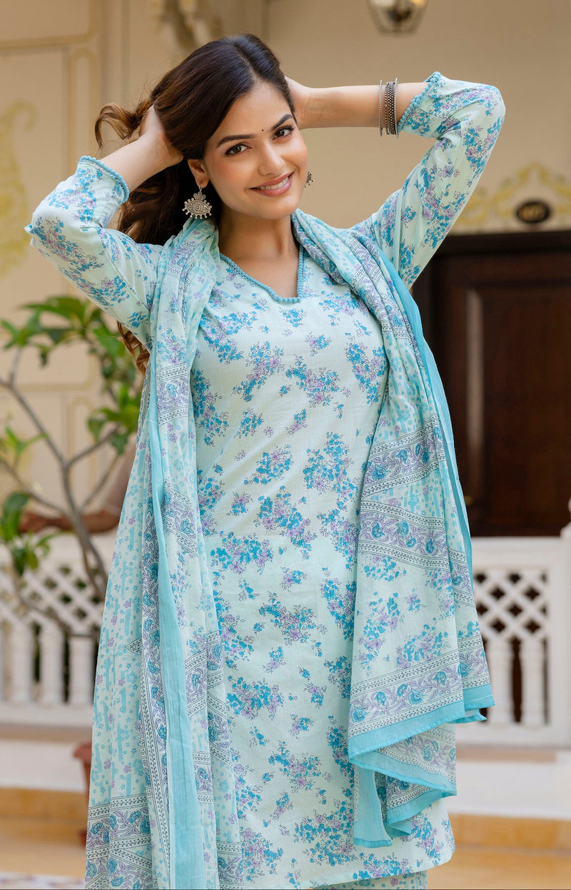 EthniFlair Floral Printed V Neck Straight Kurti & Trousers With Dupatta