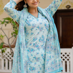 EthniFlair Floral Printed V Neck Straight Kurti & Trousers With Dupatta