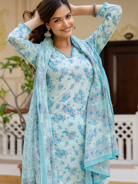 EthniFlair Floral Printed V Neck Straight Kurti & Trousers With Dupatta