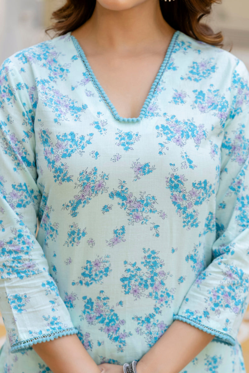 EthniFlair Floral Printed V Neck Straight Kurti & Trousers With Dupatta