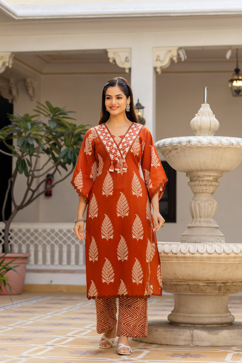 EthniFlair Women Ethnic Motifs Printed Regular Thread Work Pure Cotton Kurta with Palazzos & With Dupatta