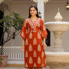 EthniFlair Women Ethnic Motifs Printed Regular Thread Work Pure Cotton Kurta with Palazzos & With Dupatta