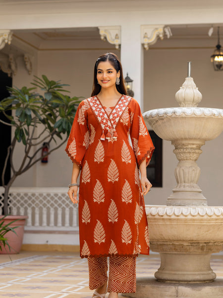 EthniFlair Women Ethnic Motifs Printed Regular Thread Work Pure Cotton Kurta with Palazzos & With Dupatta