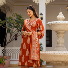 EthniFlair Women Ethnic Motifs Printed Regular Thread Work Pure Cotton Kurta with Palazzos & With Dupatta