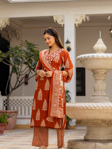 EthniFlair Women Ethnic Motifs Printed Regular Thread Work Pure Cotton Kurta with Palazzos & With Dupatta