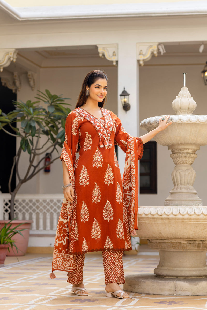 EthniFlair Women Ethnic Motifs Printed Regular Thread Work Pure Cotton Kurta with Palazzos & With Dupatta