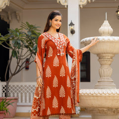 EthniFlair Women Ethnic Motifs Printed Regular Thread Work Pure Cotton Kurta with Palazzos & With Dupatta