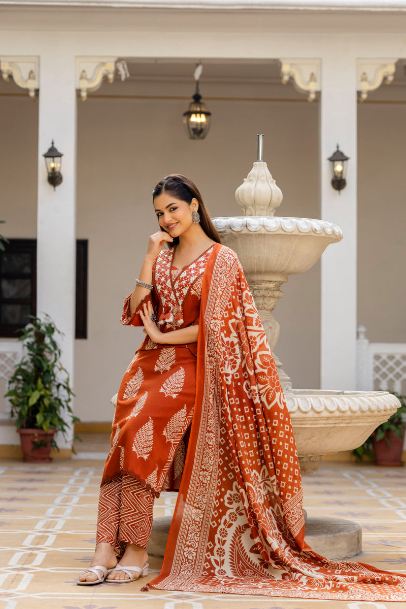 EthniFlair Women Ethnic Motifs Printed Regular Thread Work Pure Cotton Kurta with Palazzos & With Dupatta