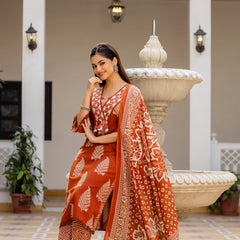 EthniFlair Women Ethnic Motifs Printed Regular Thread Work Pure Cotton Kurta with Palazzos & With Dupatta