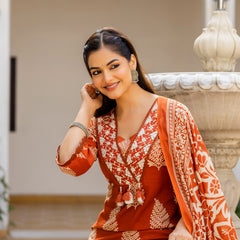 EthniFlair Women Ethnic Motifs Printed Regular Thread Work Pure Cotton Kurta with Palazzos & With Dupatta