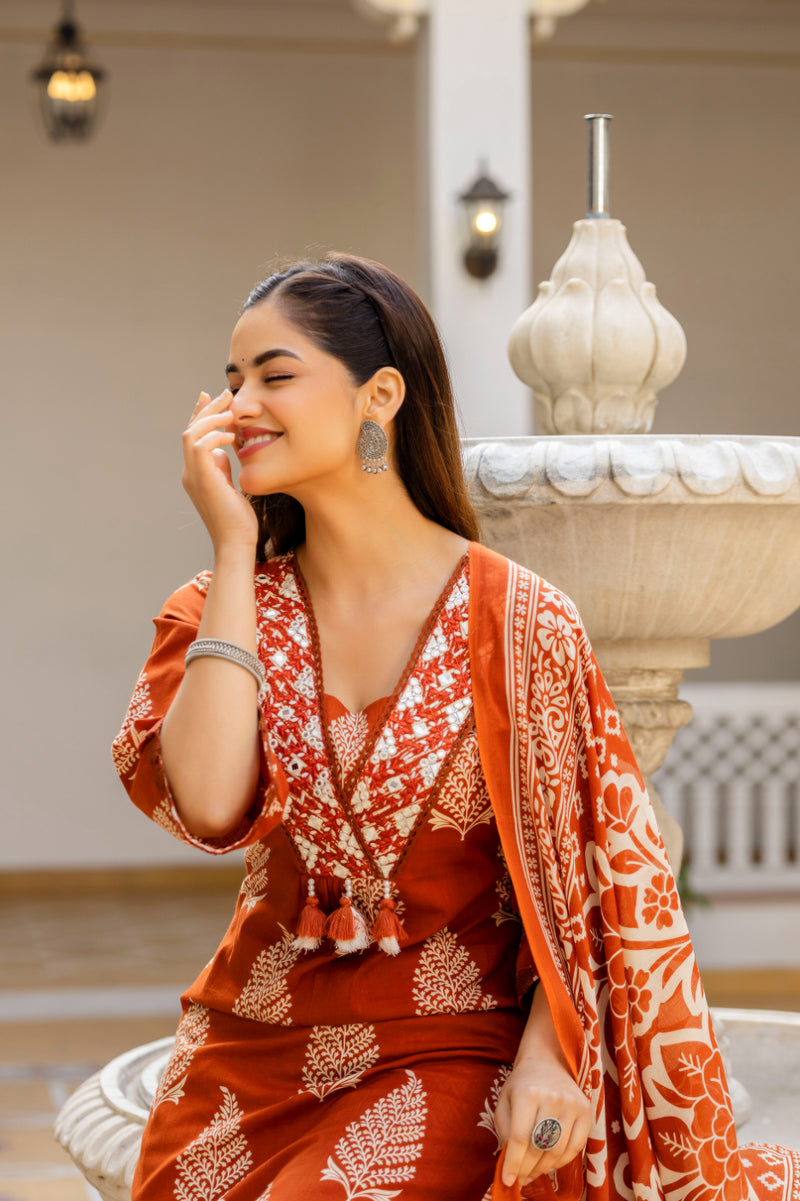 EthniFlair Women Ethnic Motifs Printed Regular Thread Work Pure Cotton Kurta with Palazzos & With Dupatta