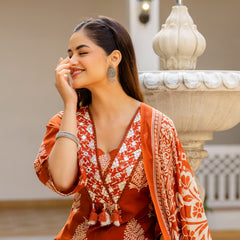 EthniFlair Women Ethnic Motifs Printed Regular Thread Work Pure Cotton Kurta with Palazzos & With Dupatta