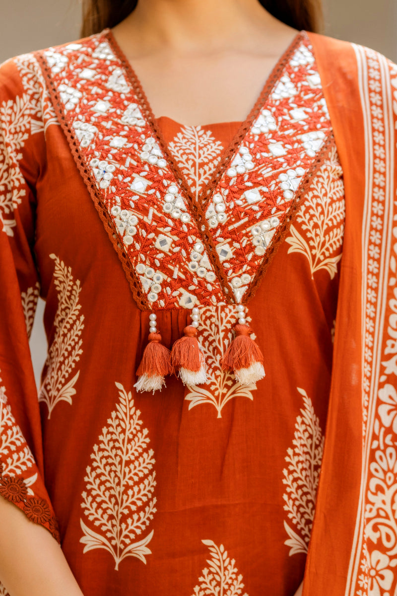 EthniFlair Women Ethnic Motifs Printed Regular Thread Work Pure Cotton Kurta with Palazzos & With Dupatta