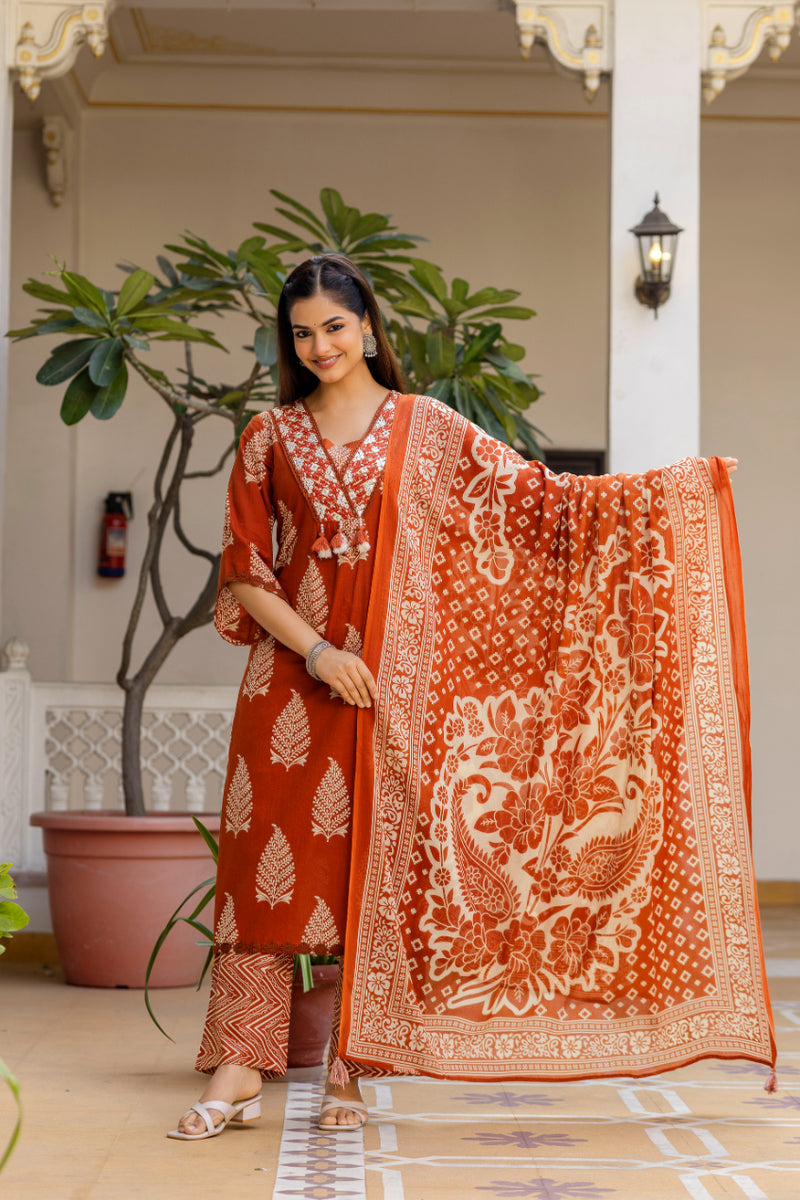 EthniFlair Women Ethnic Motifs Printed Regular Thread Work Pure Cotton Kurta with Palazzos & With Dupatta