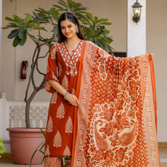 EthniFlair Women Ethnic Motifs Printed Regular Thread Work Pure Cotton Kurta with Palazzos & With Dupatta