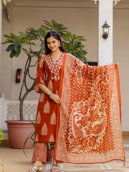 EthniFlair Women Ethnic Motifs Printed Regular Thread Work Pure Cotton Kurta with Palazzos & With Dupatta