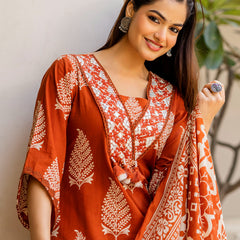 EthniFlair Women Ethnic Motifs Printed Regular Thread Work Pure Cotton Kurta with Palazzos & With Dupatta