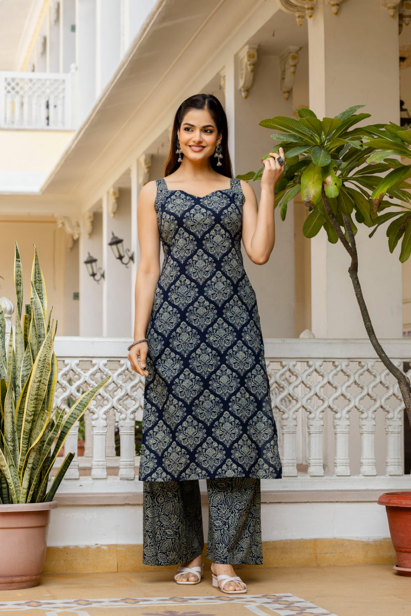 EthniFlair Women Ethnic Motifs Printed Regular Pure Cotton Kurta with Palazzos & With Dupatta