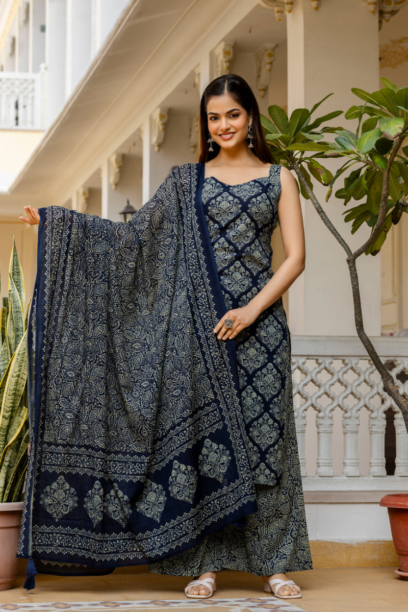 EthniFlair Women Ethnic Motifs Printed Regular Pure Cotton Kurta with Palazzos & With Dupatta