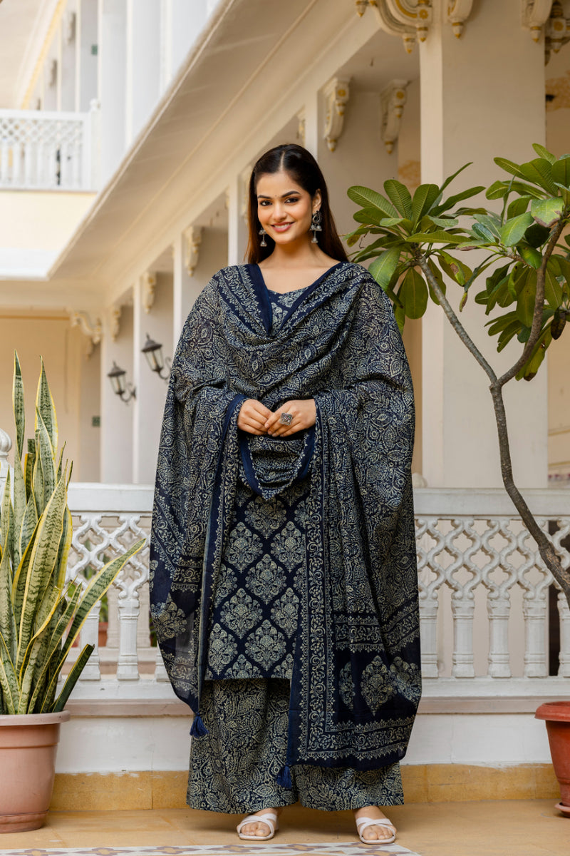 EthniFlair Women Ethnic Motifs Printed Regular Pure Cotton Kurta with Palazzos & With Dupatta