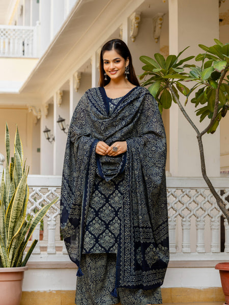 EthniFlair Women Ethnic Motifs Printed Regular Pure Cotton Kurta with Palazzos & With Dupatta