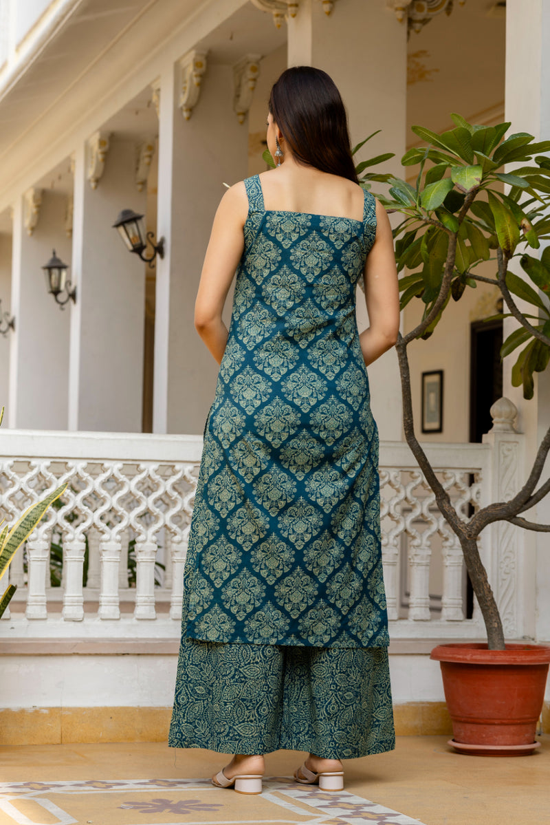 EthniFlair Women Ethnic Motifs Printed Regular Thread Work Pure Cotton Kurta with Palazzos & With Dupatta