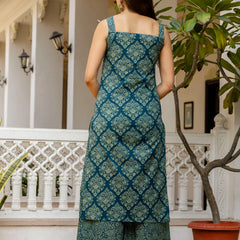 EthniFlair Women Ethnic Motifs Printed Regular Thread Work Pure Cotton Kurta with Palazzos & With Dupatta