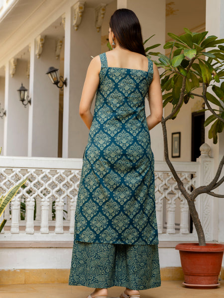 EthniFlair Women Ethnic Motifs Printed Regular Thread Work Pure Cotton Kurta with Palazzos & With Dupatta