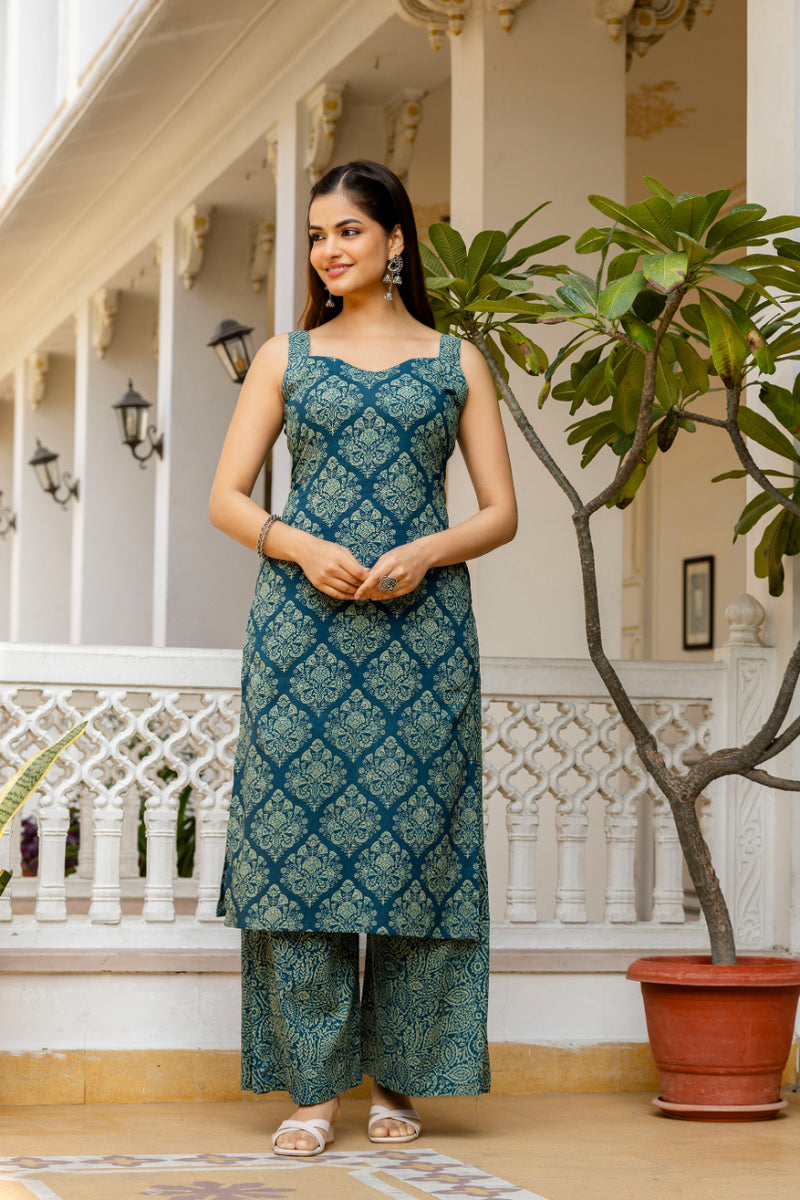 EthniFlair Women Ethnic Motifs Printed Regular Thread Work Pure Cotton Kurta with Palazzos & With Dupatta