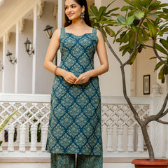 EthniFlair Women Ethnic Motifs Printed Regular Thread Work Pure Cotton Kurta with Palazzos & With Dupatta