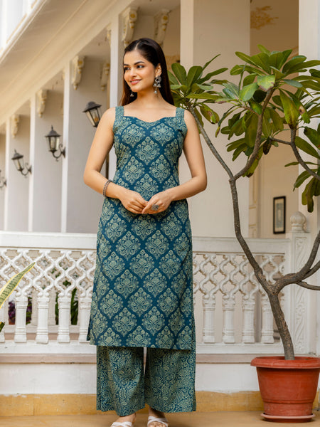 EthniFlair Women Ethnic Motifs Printed Regular Thread Work Pure Cotton Kurta with Palazzos & With Dupatta