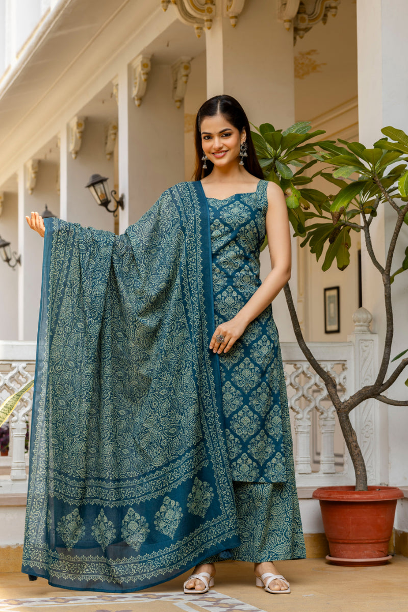 EthniFlair Women Ethnic Motifs Printed Regular Thread Work Pure Cotton Kurta with Palazzos & With Dupatta