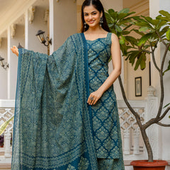 EthniFlair Women Ethnic Motifs Printed Regular Thread Work Pure Cotton Kurta with Palazzos & With Dupatta