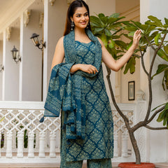 EthniFlair Women Ethnic Motifs Printed Regular Thread Work Pure Cotton Kurta with Palazzos & With Dupatta