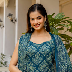 EthniFlair Women Ethnic Motifs Printed Regular Thread Work Pure Cotton Kurta with Palazzos & With Dupatta